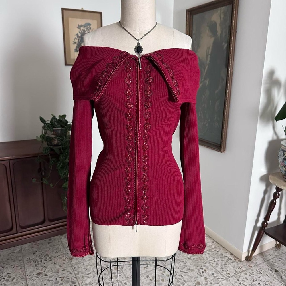 Vintage cache 90s early 2000s red off the shoulder zip up cardigan coat sweater